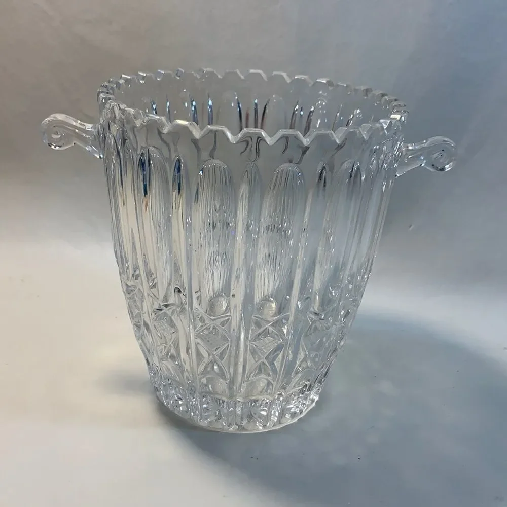 Crystal Glass Wine Champagne Bucket Deep Cut Scalloped Edge Starburst 2 Handle